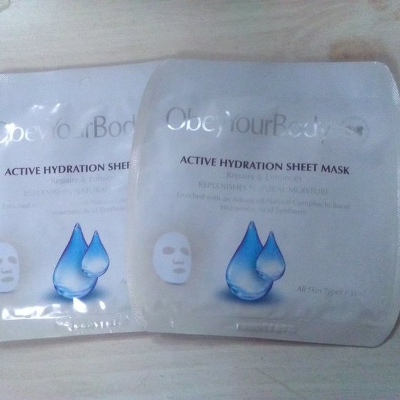 2 ObeyYourBody ACTIVE HYDRATION SHEET MASKS-BOOST HYALURONIC ACID-0.5 oz/15ml EA - Picture 1 of 2